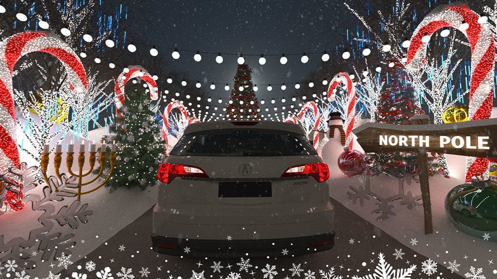 a car driving through the Winter Wonderland