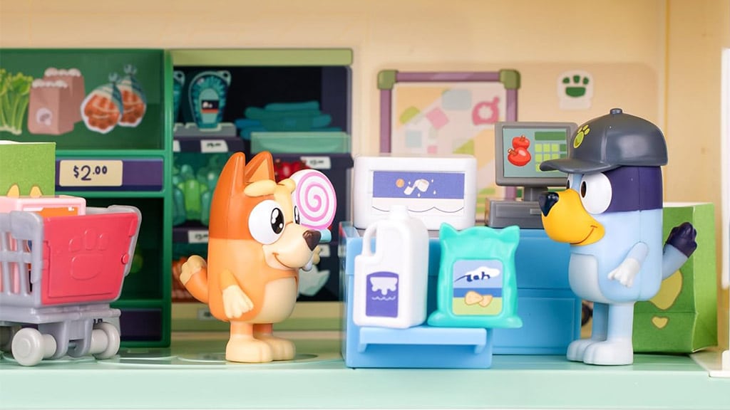 Close up of Moose Toys' Bluey Supermarket playset with Bluey and Bingo figures